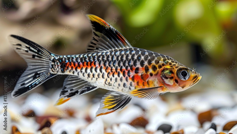 Vibrant colors of a small, tropical fish swimming in an aquarium. Its scales shimmer with black, orange, and white. Vibrant colors of a small, tropical fish swimming in an aquarium. Its scales shimmer with black, orange, and white.