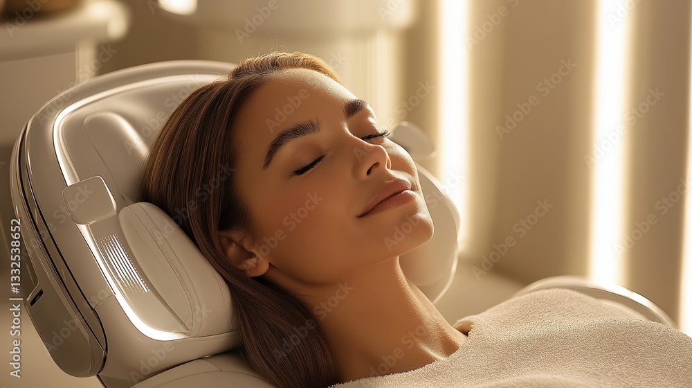 A woman relaxes during a facial treatment, her eyes closed as she enjoys the soothing experience. The peaceful spa environment promotes relaxation and rejuvenation
A woman relaxes during a facial treatment, her eyes closed as she enjoys the soothing experience. The peaceful spa environment promotes relaxation and rejuvenation