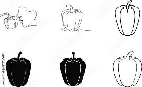 Bell Pepper Icons Graphic Styles, Line Art, Black, White