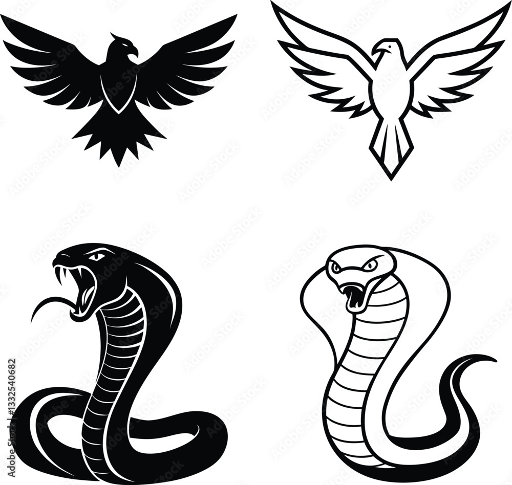 Fototapeta premium Majestic Eagles and Venomous Cobras Black and White Animal Icons