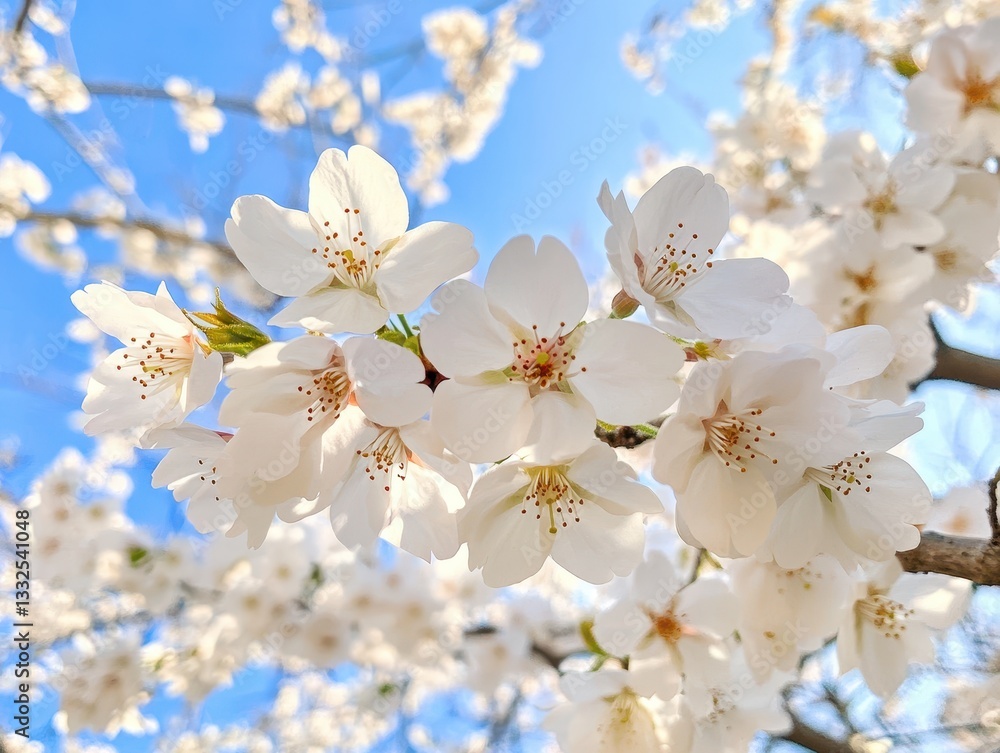 Beautiful Blooming Cherry Blossom Branch Against Bright Blue Sky in Spring Season with Delicate White Flowers and Soft Green Leaves Beautiful Blooming Cherry Blossom Branch Against Bright Blue Sky in Spring Season with Delicate White Flowers and Soft Green Leaves