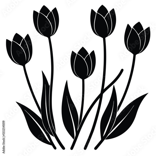 Set of black and white tulips in a seamless vector illustration design