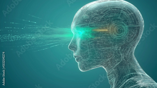 Cyborg's Futuristic Gaze: A close-up, artistic rendering of a cyborg's profile, its features glowing, eyes radiating futuristic energy, suggesting advanced technology, AI, and a glimpse into tomorrow.