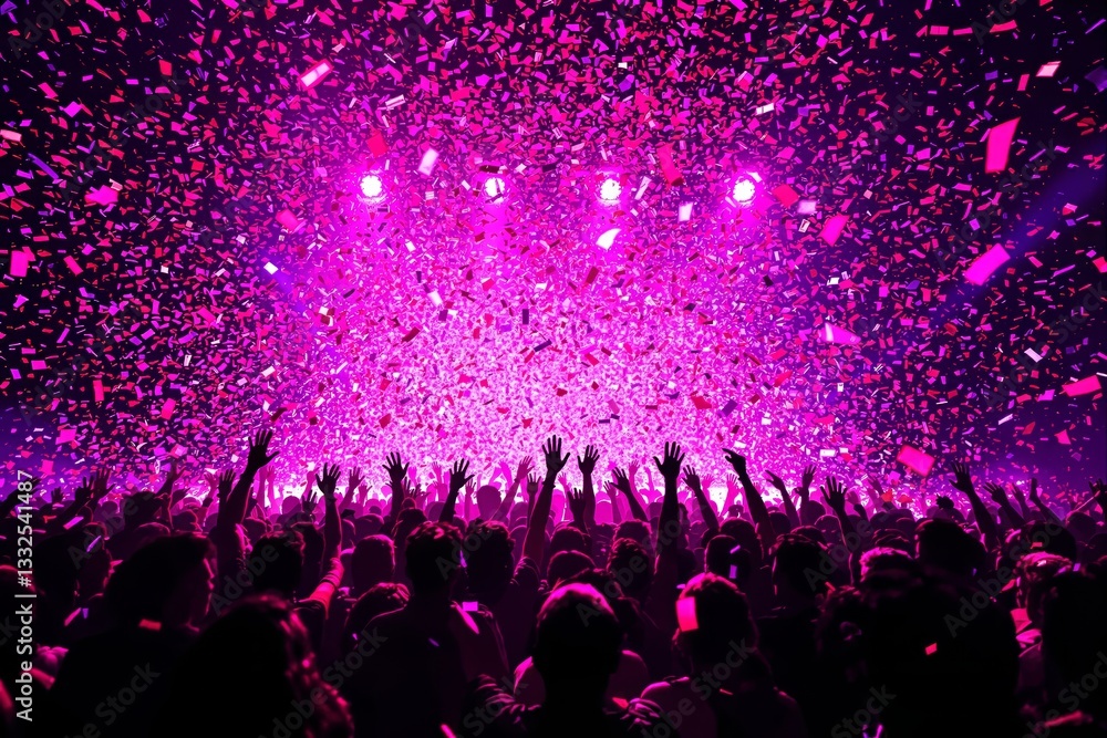 Concert crowd with hands raised under pink confetti rain. Concert crowd with hands raised under pink confetti rain.