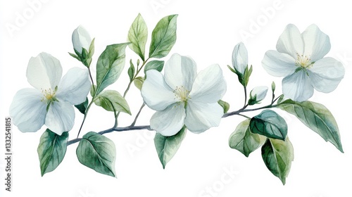 Delicate Watercolor Illustration of White Jasmine Flowers and Leaves on a Branch