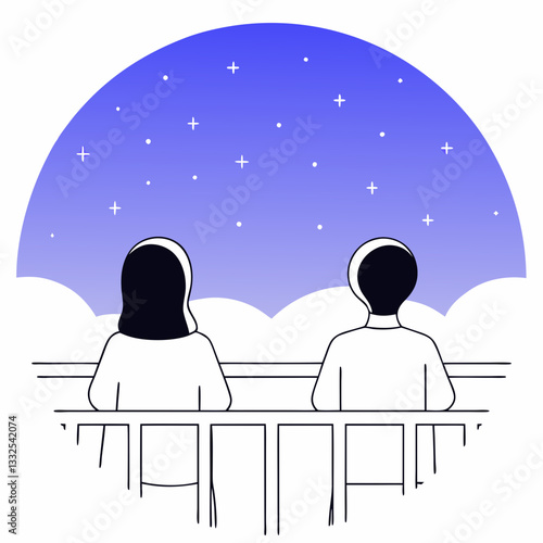 Couple enjoying a starry night view, serene atmosphere, sitting on a balcony