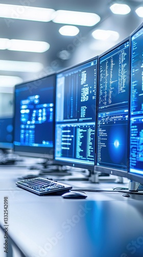 Wallpaper Mural High-Tech Workspace with Multiple Monitors Displaying Data Analytics Torontodigital.ca