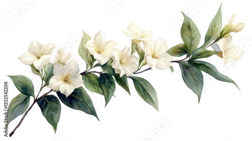 Hand-Drawn Watercolor Illustration of a Delicate Vanilla Orchid with Lush Green Leaves