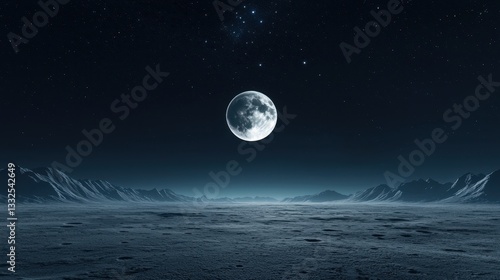 A serene night landscape featuring a large moon illuminating a vast, barren surface, surrounded by distant mountains under a starry sky.