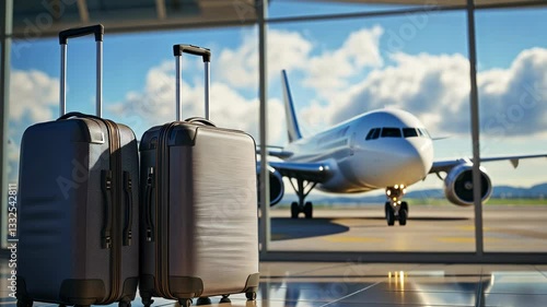 Two suitcases near the window in an airport, with an airplane in the background. V3