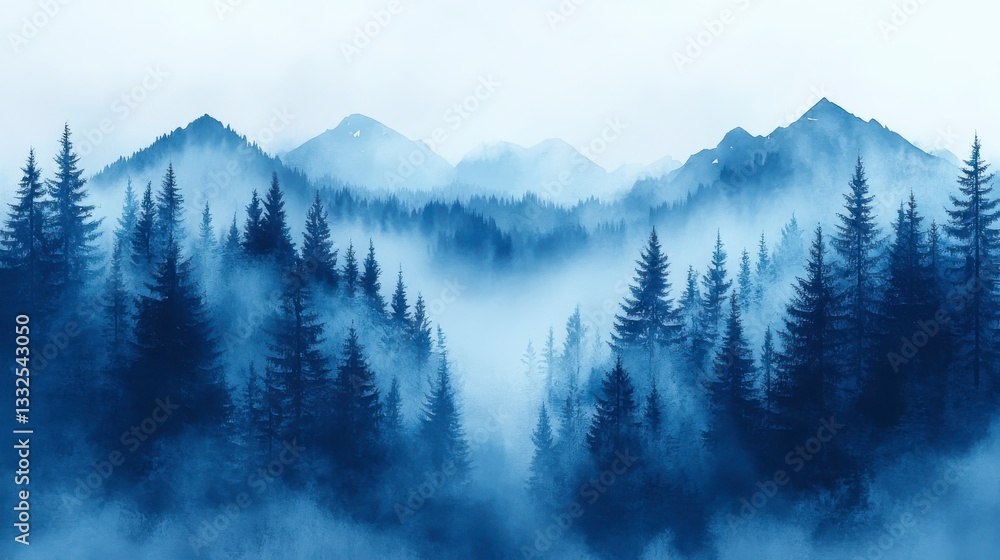 Obraz premium Tranquil Watercolor Landscape of a Foggy Blue Forest with Mountain Fades in the Background