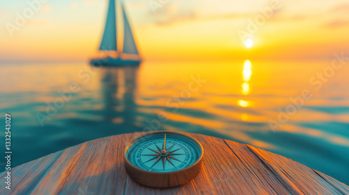 Seafaring Dreams: A vintage compass sits on a weathered wooden surface, guiding the way towards a distant sailboat gracefully sailing on the calm ocean, under a vibrant sunset sky.