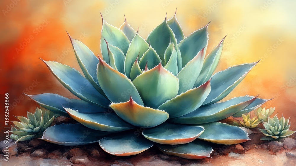 Obraz premium Watercolor Hand-Drawn Agave Plant with Colorful Green Leaves Against a Soft Background