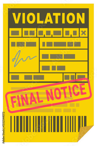 Yellow violation ticket with "FINAL NOTICE" stamp mark in flat design style (cut out)