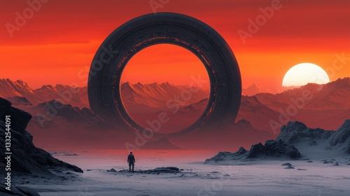 A futuristic scene featuring a large ring structure against a dramatic sunset, with a solitary figure on a rocky landscape.