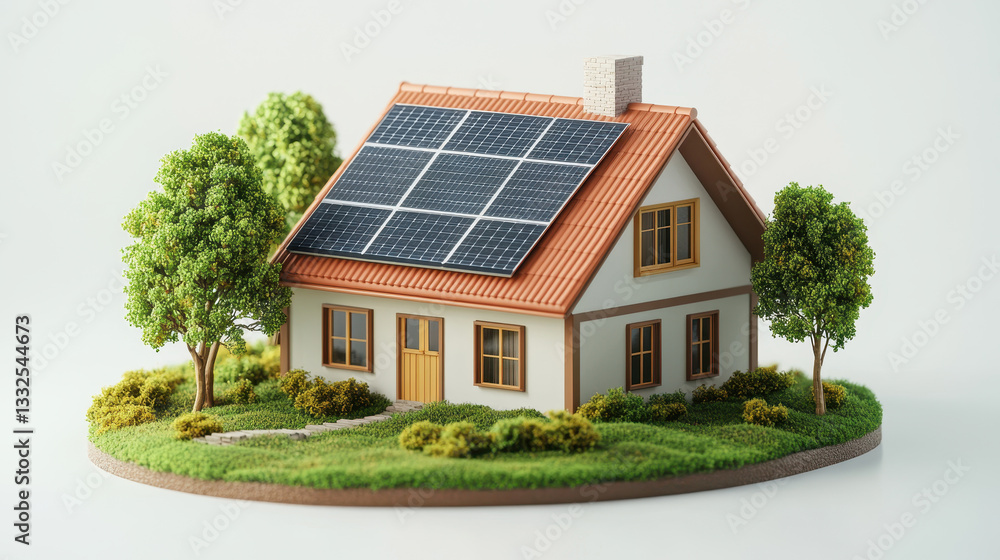 charming, energy-efficient house featuring solar panels on its red-tiled roof, surrounded by lush greenery. The sustainable design highlights renewable energy and eco-friendly living charming, energy-efficient house featuring solar panels on its red-tiled roof, surrounded by lush greenery. The sustainable design highlights renewable energy and eco-friendly living
