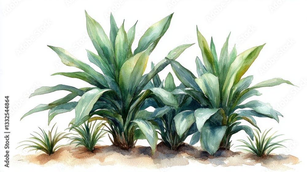 Fototapeta premium Watercolor Hand-Drawn Botanical Illustration of Dragon Trees in Lush Greenery