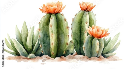 Watercolor Hand-Drawn Cactus Arrangement With Vibrant Flowers Perfect For Interior Decor
