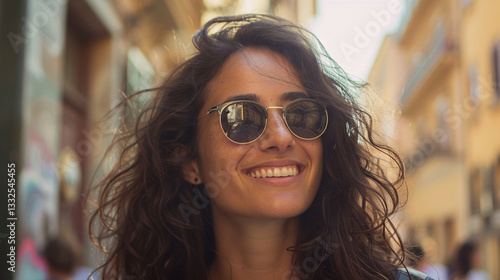 A beautiful women with a wonderful smile wearing sunglasses 