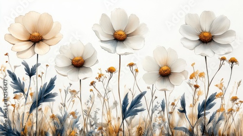 Watercolor Hand-Drawn Chamomile Flowers with Delicate Petals and Blue Accents on Soft Background