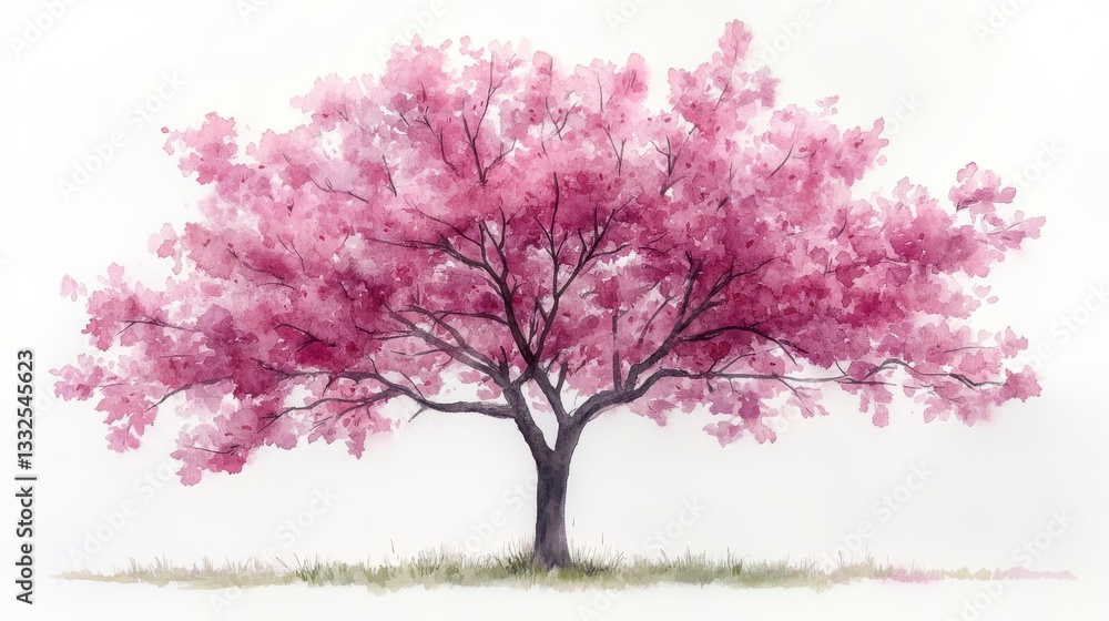 Watercolor Hand-Drawn Cherry Blossom Tree in Bloom Against a Soft White Background Watercolor Hand-Drawn Cherry Blossom Tree in Bloom Against a Soft White Background