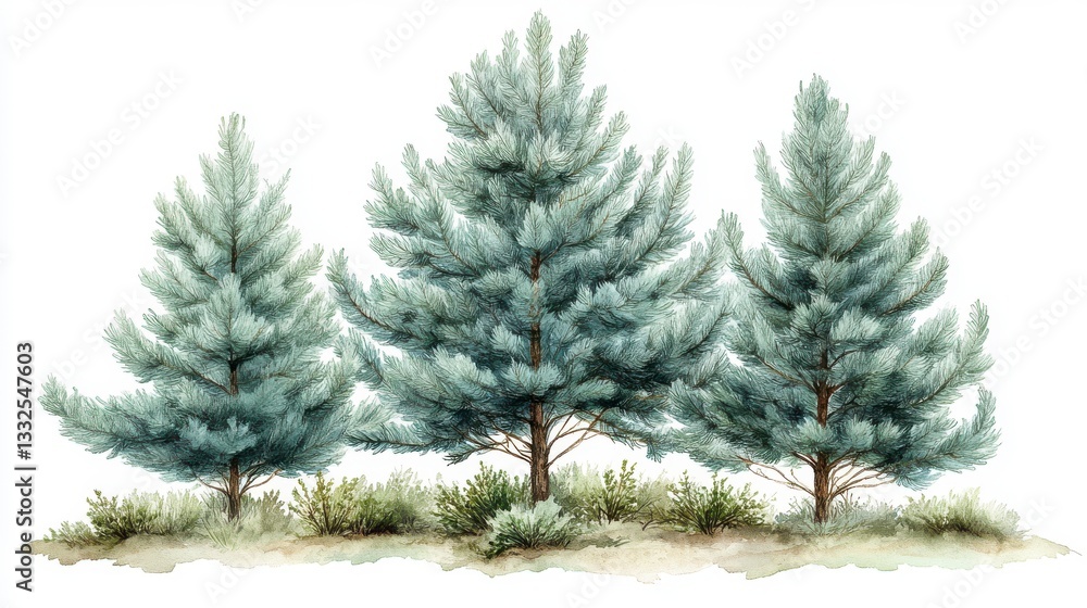 Watercolor Hand-Drawn Illustration of Pine Trees in Natural Setting Watercolor Hand-Drawn Illustration of Pine Trees in Natural Setting