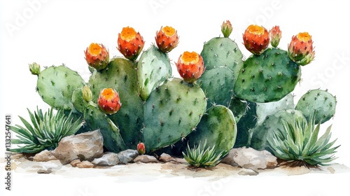 Watercolor Hand-Drawn Illustration of Prickly Pear Cactus with Vibrant Flowers
