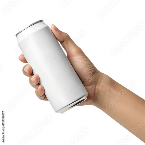 a hand holding a blank white aluminum can mockup isolated on white background png