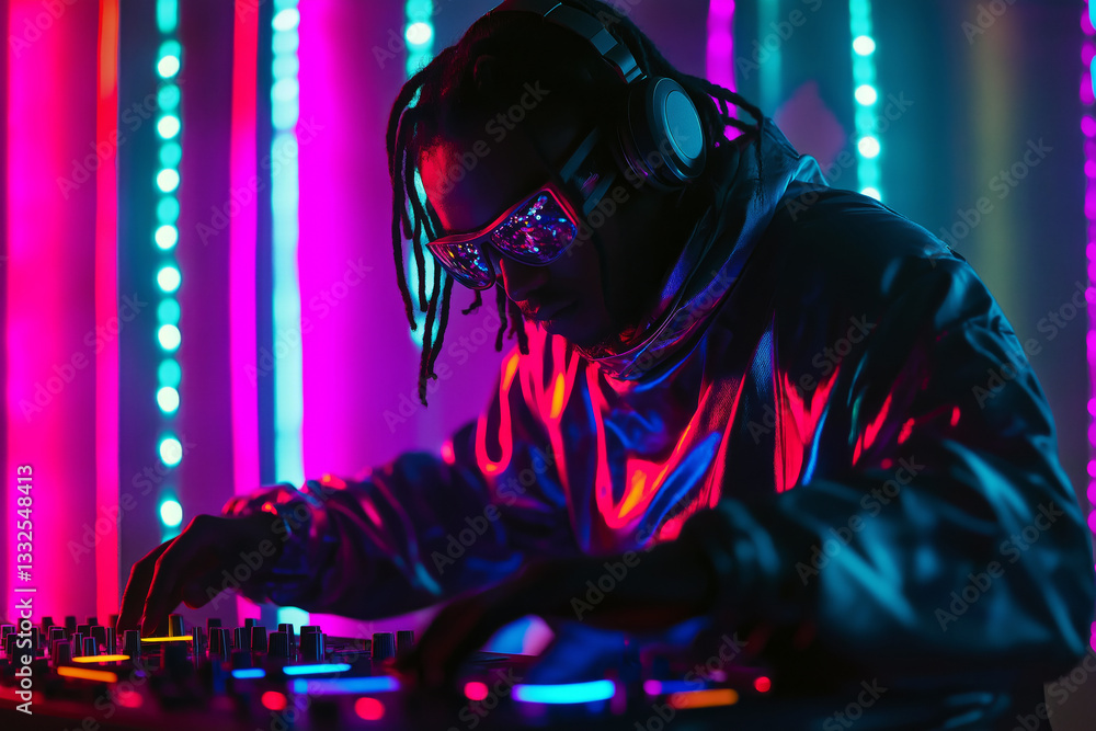 A DJ in a dark club environment with colorful lights reflecting off their equipment, intensely focused on their craft. A DJ in a dark club environment with colorful lights reflecting off their equipment, intensely focused on their craft.