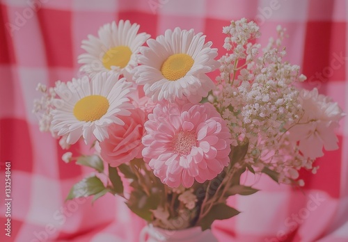 Wallpaper Mural Beautiful bouquet of pink and white flowers on a soft background with a checkered pattern, perfect for floral decoration or spring-themed inspiration Torontodigital.ca