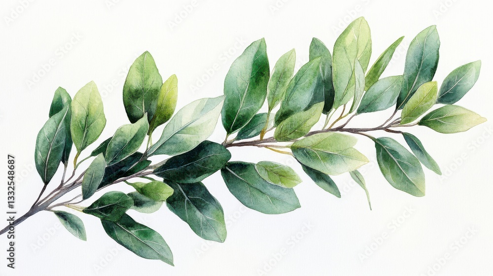 Watercolor Hand-Drawn Olive Branch with Lush Green Leaves on a Soft White Background Watercolor Hand-Drawn Olive Branch with Lush Green Leaves on a Soft White Background