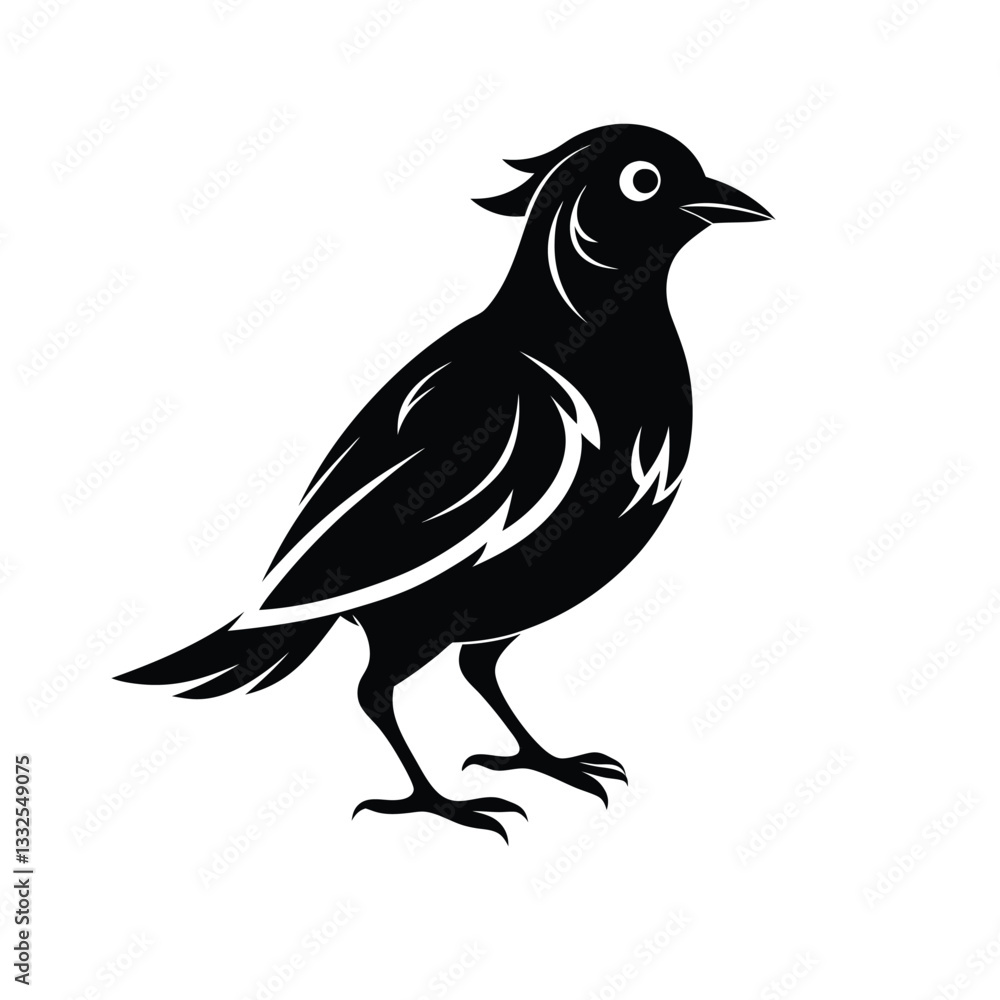 Fototapeta premium Vector illustration of a cartoon bird flying with wings, featuring a black crow or raven on a branch, showcasing wildlife and nature in a simple, symbolic design