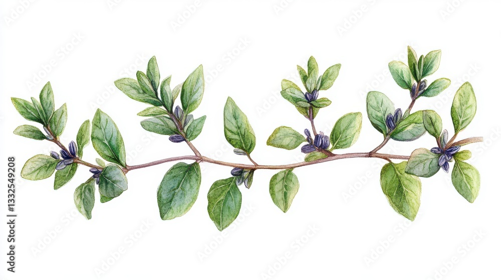 Fototapeta premium Watercolor Hand-Drawn Thyme Plant Branch With Green Leaves and Blue Berries on White Background