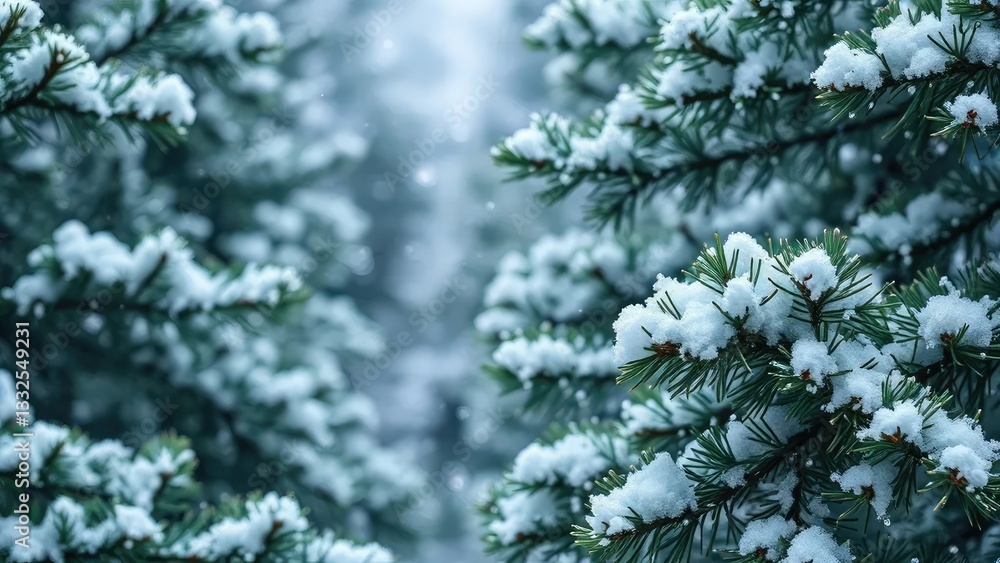 Delicate snowflakes fall gently on coniferous branches, woodland, evergreen Delicate snowflakes fall gently on coniferous branches, woodland, evergreen