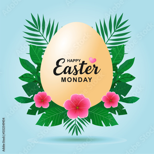 Happy easter Monday, and card, banner, poster social media greeting template design with egg, cartoon rabbit, and beautiful flowers. Vector illustration