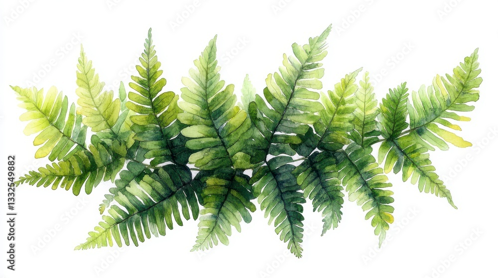 Watercolor Illustration of Lush Green Fern Leaves in Natural Organic Arrangement Watercolor Illustration of Lush Green Fern Leaves in Natural Organic Arrangement