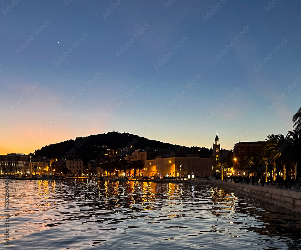 Naklejka premium Beautiful sunset in the harbor of Split, Croatia. Copy space. Concept of relaxation and tranquility. Inner peace. Wallpaper for tourist brochures. Luxury travel in Europe