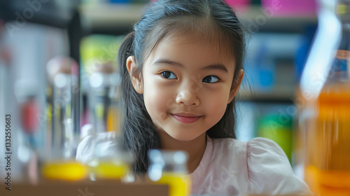 A young Asian girl participates in a science experiment in an elementary school classroom, guided by her teacher in a hands-on learning experience