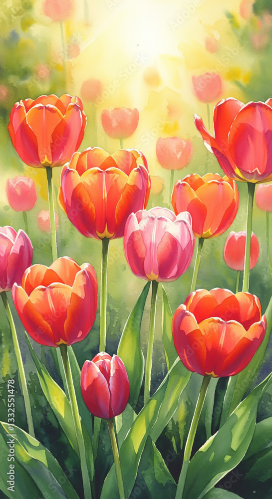 Obraz premium Watercolor painting of scarlet tulips in gentle hues creates an atmosphere of tranquility and admiration for the natural beauty of spring.