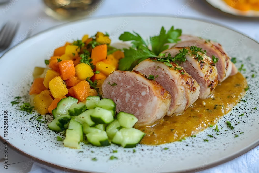 Delicious Roasted Chicken Roulade with Roasted Vegetables and Creamy Sauce Delicious Roasted Chicken Roulade with Roasted Vegetables and Creamy Sauce