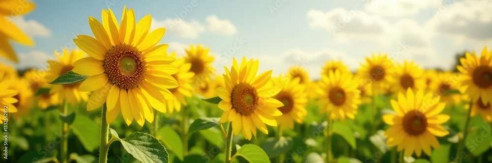 Fototapeta premium Sunflower field with yellow flowers swaying in wind, yellow fabric, nature