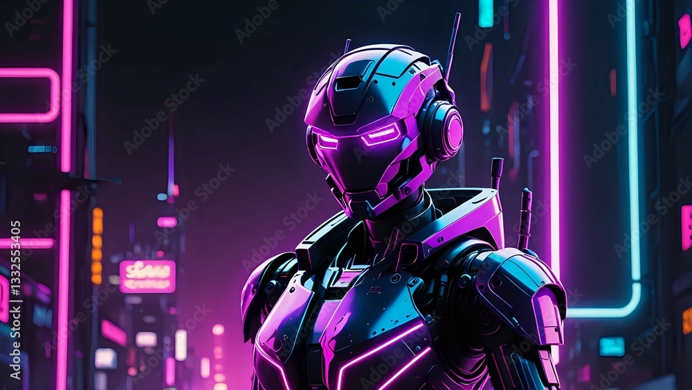Futuristic robot in neon-lit city; cyberpunk aesthetic; AI, android, technology, digital art. Futuristic robot in neon-lit city; cyberpunk aesthetic; AI, android, technology, digital art.