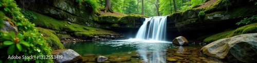 Water falls through a moss-covered rocky gorge in the woods, foliage, nature, landscape