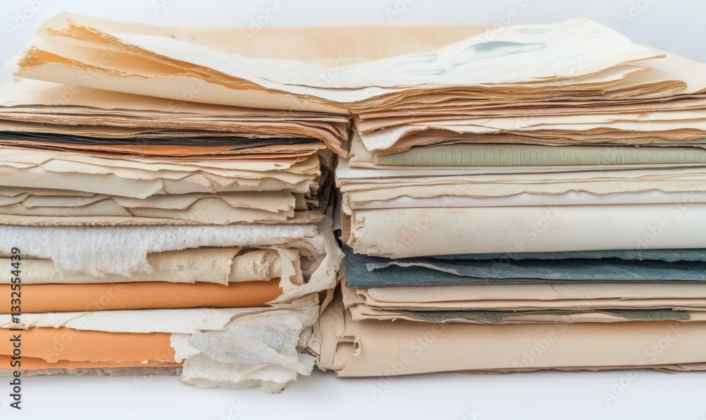 Stacked old, torn, and stained papers on white background for historical or vintage projects Stacked old, torn, and stained papers on white background for historical or vintage projects