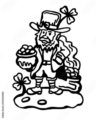 Vector black and white illustration of a bearded leprechaun with a cup of gold coins on a white isolated background