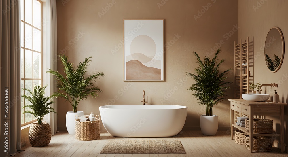 Fototapeta premium Serene Minimalist Bathroom Design with Neutral Tones and Lush Greenery
