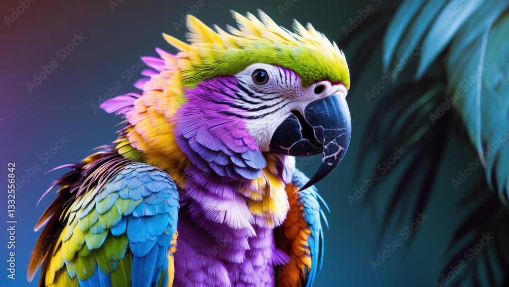 Vibrant parrot with a striking array of colors including pink, blue, and green, against a blurred backdrop with foliage Vibrant parrot with a striking array of colors including pink, blue, and green, against a blurred backdrop with foliage