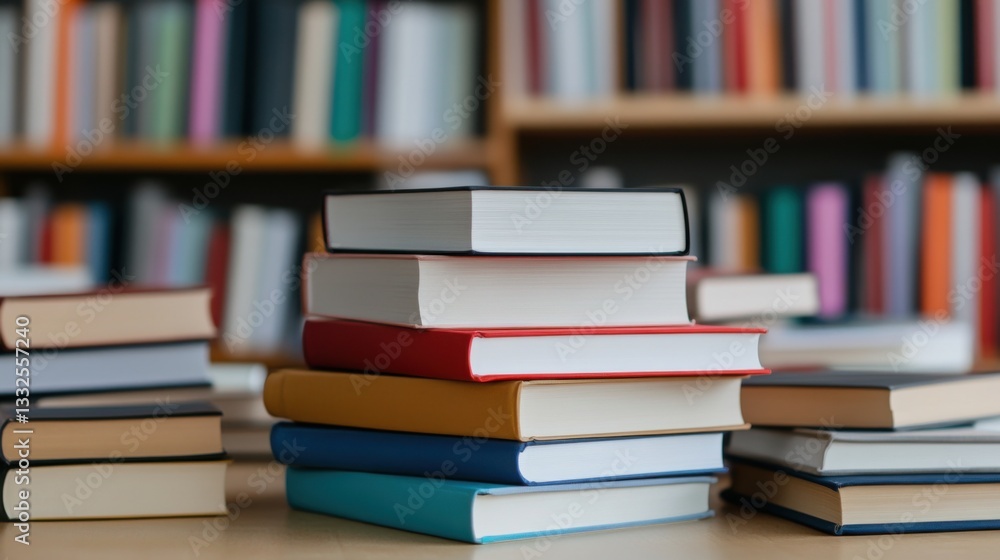 Stacks of Unlabeled Books on a Table with a Blurred Bookshelf Background in a Cozy Library Setting Stacks of Unlabeled Books on a Table with a Blurred Bookshelf Background in a Cozy Library Setting