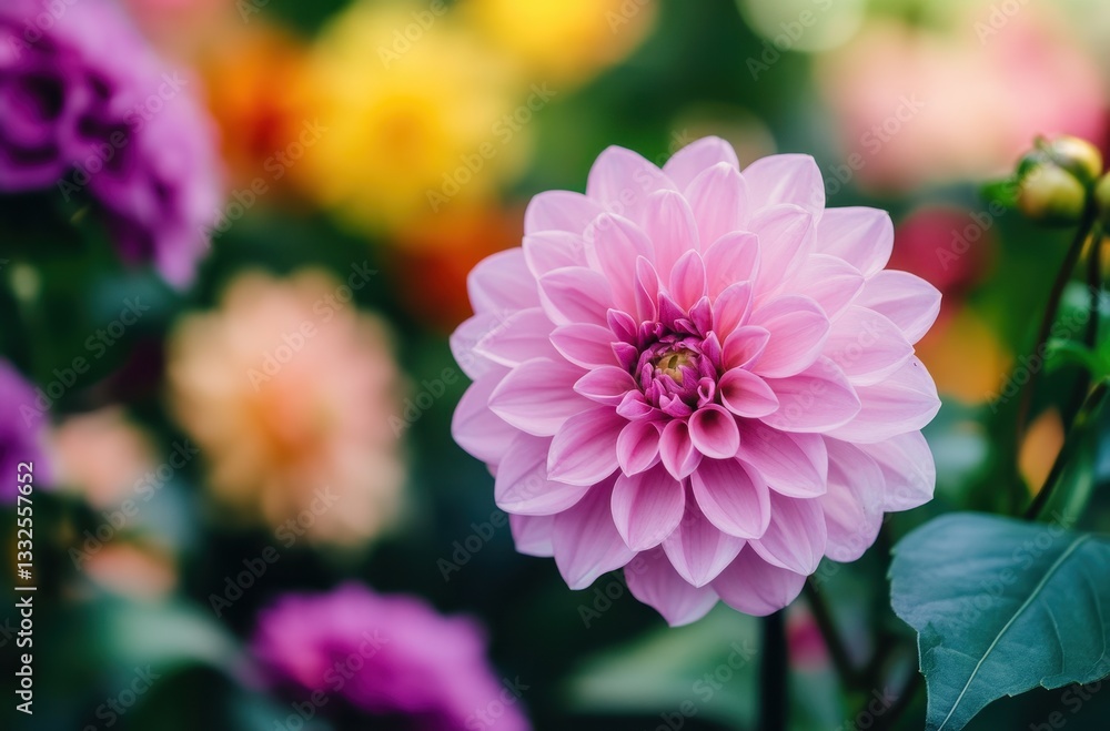 Beautiful close-up of a vibrant pink dahlia flower surrounded by colorful blooms in a lush garden setting, showcasing delicate petals and rich colors Beautiful close-up of a vibrant pink dahlia flower surrounded by colorful blooms in a lush garden setting, showcasing delicate petals and rich colors