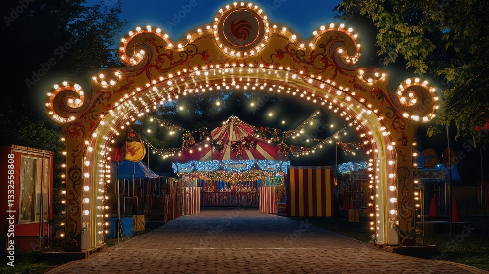 Obraz premium A brightly lit carnival entrance at night, inviting visitors to enjoy the festivities.